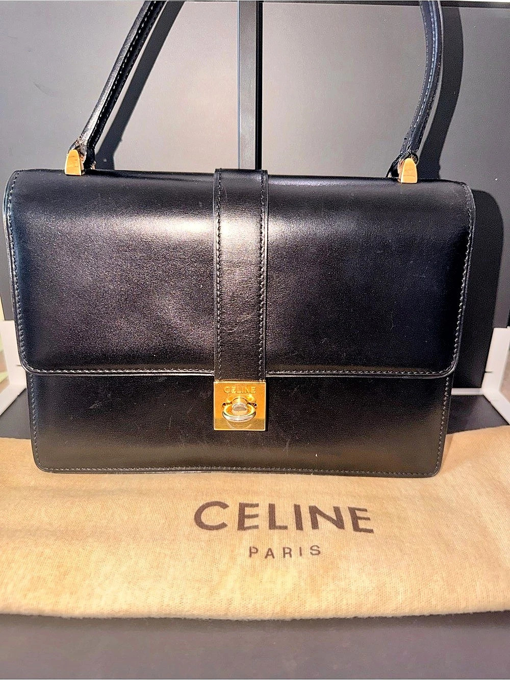 Celine Vintage Turnlock 2-Way Shoulder Bag Leather Black & Red